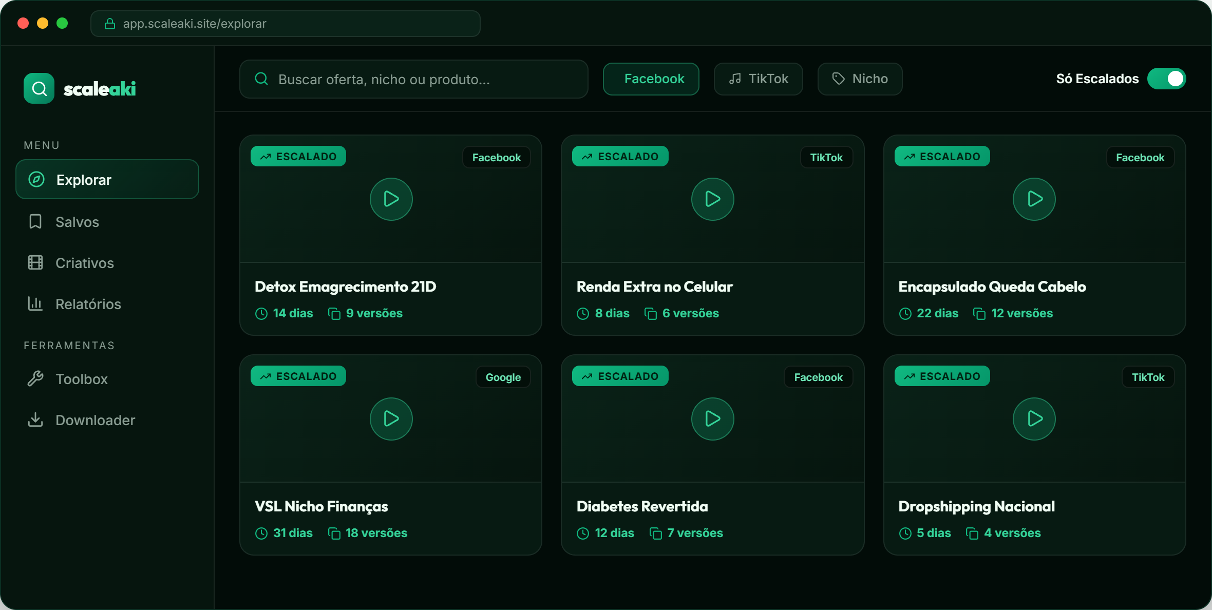 Painel Scaleaki — feed de ofertas escaladas